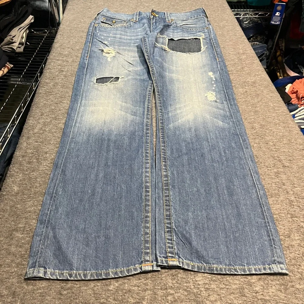 True Religion Mens Baggy Distressed Straight Jeans Blue 34x34 Y2K Streetwear
